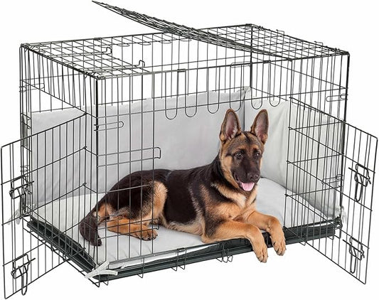 Veehoo 42 inch Dog Crates for Large Dogs with Bumper-Three Doors Folding Metal Wire Dog Crate Cage, Indoor Outdoor Large Dog Crate with Plastic Leak-Proof Tray-Portable Pet Kennel Kit