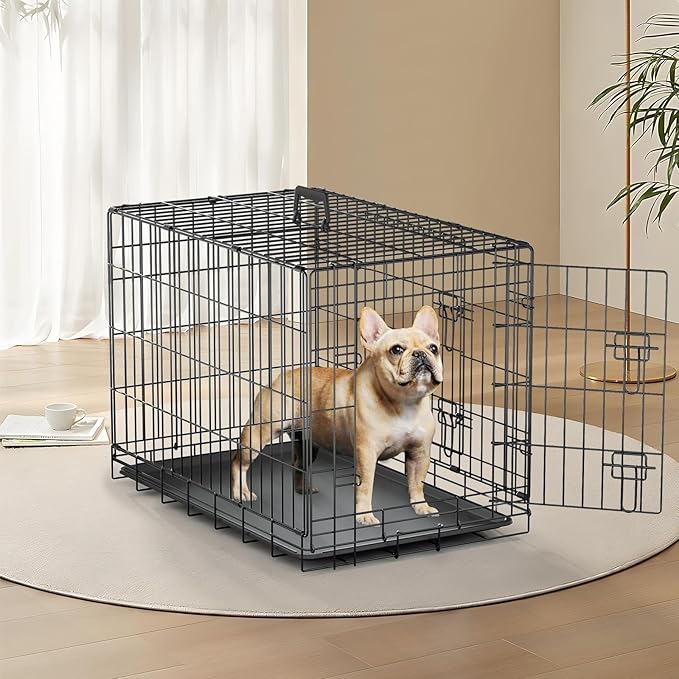 MoNiBloom 24/30/36/42/48 Dog Crates, Foldable Metal Wire Dog Cage with Double-Door, Outdoor Indoor Pet Kennels, Includes Leak-Proof Pan, Divider Panel, Black, 30"