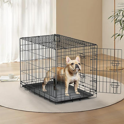 MoNiBloom 24/30/36/42/48 Dog Crates, Foldable Metal Wire Dog Cage with Double-Door, Outdoor Indoor Pet Kennels, Includes Leak-Proof Pan, Divider Panel, Black, 30"