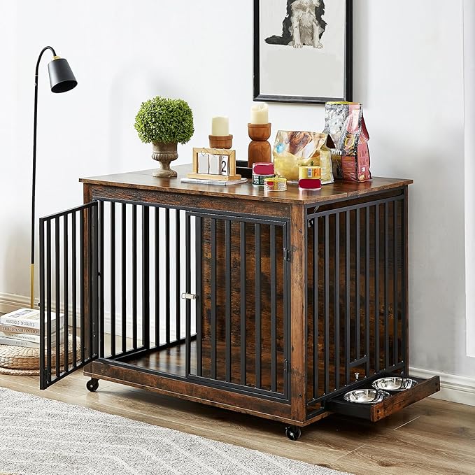 Furniture Dog Crate with Pull-Out Bowls, Wood Dog Kennel End Table with Wheels & Flip-Top, Indoor Pet House for Small to Medium Dogs/Cats, Simple Assembly Brown 43.7" W x 30" D x 33.7" H