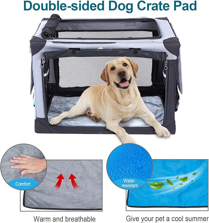 Ownpets Collapsible Dog Crate 32 Inch Portable Travel Dog Soft Crate with Detachable Storage Bag and Double-Sided Mat, 3-Door Dog Kennel for Indoor and Outdoor