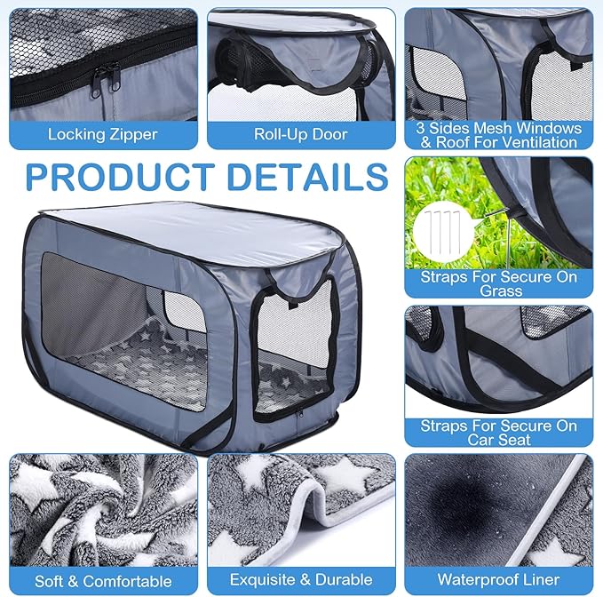 37 Inch Collapsible Dog Crate with Mat Liner Pop up Dog Kennel Waterproof Portable Car Seat Kennel Travel Crate for Pet Indoor Outdoor Cat Bed Collection(Gray)