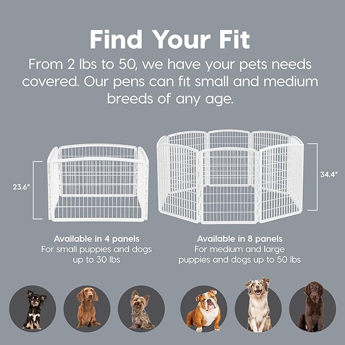 IRIS USA Dog Playpen, 8-Panel 34" Pet Playpen with Door, Puppy Playpen, Indoor/Outdoor Dog Pen, 63 x 63 x 34, Foldable, Customizable, White
