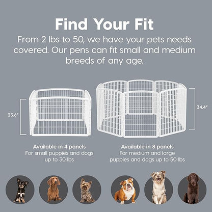 IRIS USA Dog Playpen, 8-Panel 34" Pet Playpen with Door, Puppy Playpen, Indoor/Outdoor Dog Pen, 63 x 63 x 34, Foldable, Customizable, White