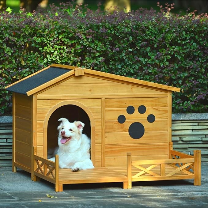 Merax 48" Wooden Dog House Outdoor, Medium Large Breed Outside Kennel with Porch, Paw Print, Weatherproof Asphalt Roof and Fencing