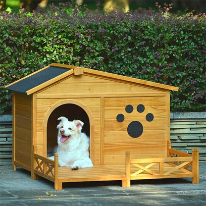 Merax 48" Wooden Dog House Outdoor, Medium Large Breed Outside Kennel with Porch, Paw Print, Weatherproof Asphalt Roof and Fencing