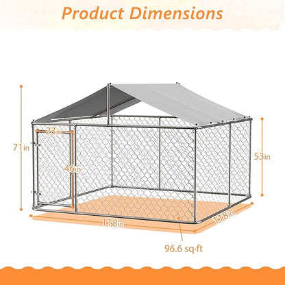 Outdoor Dog Enclosure,Heavy Duty Dog Kennel House Mesh Outside,Galvanized Chain Link Dog Run with Roof,Dog Cage Large Dogs,Dog Pen,Pet Kennel W/Waterproof Anti-UV Cover&Secure Lock for Large Dog