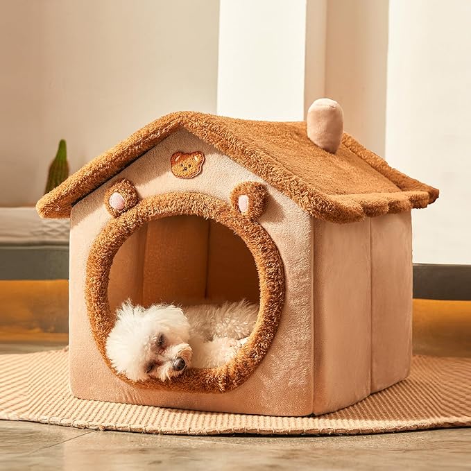 JIUPETY Cute Small Dog House Indoor, Foldable House Kennel Bed Mat with Cushion, L Size Tent Up to 30 Lbs, Dog Cave Bed with Non-Slip Bottom, Brown