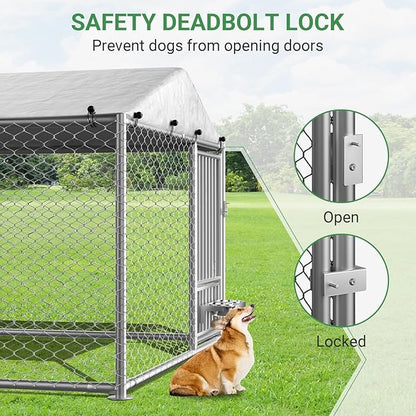 Rovibek 6.7'×6.7' Outdoor Dog Kennel with Roof, Outside Dog Kennel with Waterproof Sunproof Cover, Dog Kennels Outdoor and Enclosure with 2 Stainless Steel Bowls
