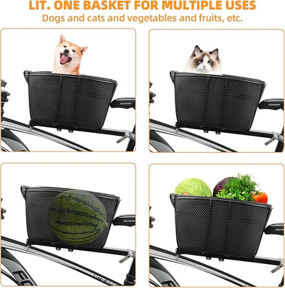 Dog Bike Basket,Soft-Sided Pet Bicycle Carrier Wiith Safety Strap,Pet Travel Bag,Quick Detachable Breathable Bicycle Basket Bag,Ride Bicycle Basket for Dogs and Cats Up to 16lbs, Black1