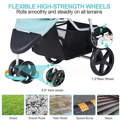 Pet Stroller for Medium Small Dogs and Cats, Folding Puppy Stroller Dog Cat Cage Jogger Stroller with Cup Holder and Storage Basket, 3 Wheels, Light Blue