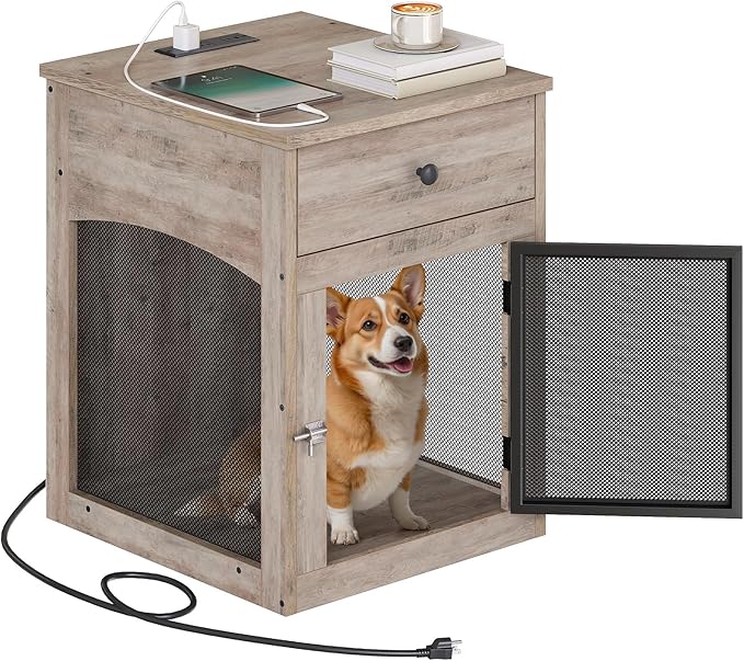 HOOBRO Dog Crate Furniture, Dog Kennel with Drawer and Charging Station, Indoor Decorative Puppy House, Wooden Pet Crate End Table for Small Dogs, Greige and Black BG58UGW03G1