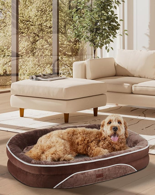OhGeni Orthopedic Dog Bed for Extra Large Dogs, Dog Couch Design with Egg Foam Support, Removable, Machine Washable Plush Cover and Non-Slip Bottom with Four Sided Bolster Cushion (Brown)