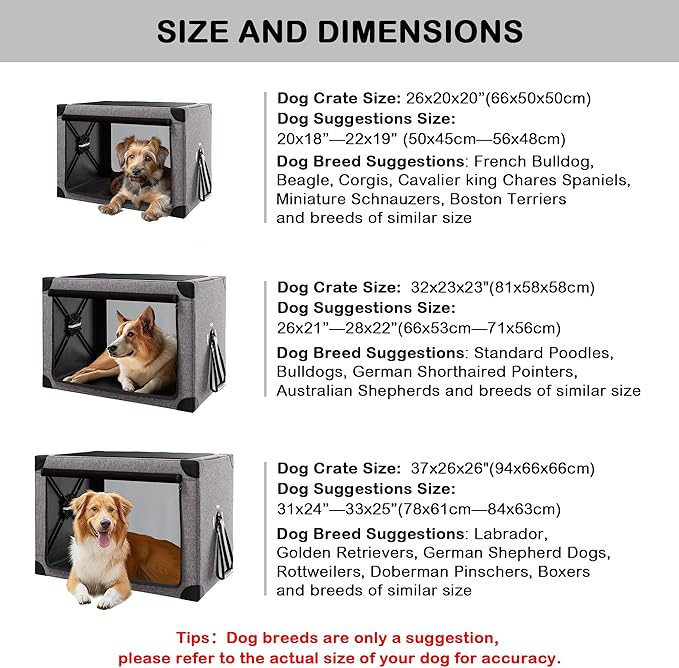Travel Dog Crate - 37 Inch Collapsible Portable Foldable Crates for Large Dogs with Detachable Storage Bag, Removable Pad, and Mesh Windows for Outdoor & Indoor (Grey)