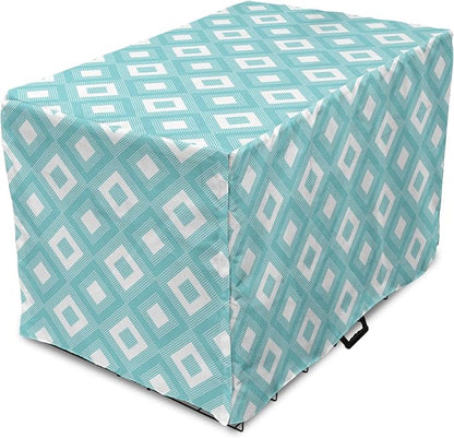 Lunarable Geometric Dog Crate Cover, Nested Diagonal Squares with Tiny Polka Dots Symmetric Repetition, Easy to Use Pet Kennel Cover for Medium Large Dogs, 42 Inch, White and Pale Teal