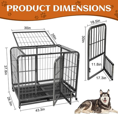 43.3inch Indestructible Metal Dog Crates for Large Dogs, Heavy Duty Escape Proof Dog Kennel Indoor Extra Large Dog Crate with Lockable Wheels, XL Dog Crate 43.3" L x 28.3" W x 37.8" H”