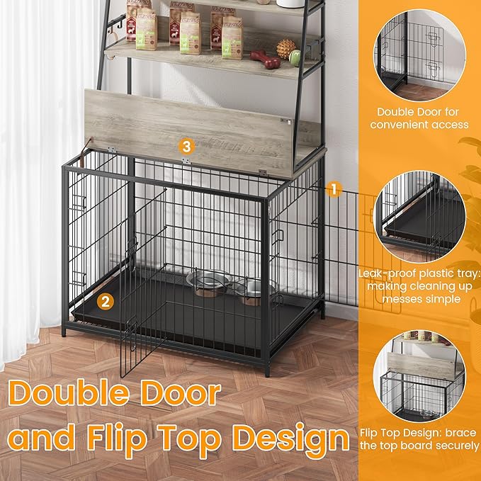 Furniture Style Dog Crate, Indoor Basic Dog Cage with 3-Layer Storage Shelves, Flip-up Top End Table Dog Cage, Dog Kennel Furniture with Adjustable Bowls, 37.4" L x 24.4" W x 57.1" H,Grey