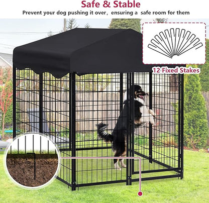 Heavy Duty Outdoor Dog House - Large Kennel with Roof, 4'L x 4'W x 4.5'H - Black Dog Crate with Cover, 2 Set