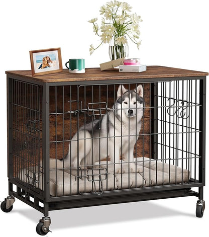 Dog Crate Furniture, 38.6" Double-Door Dog House with Removable Wheels, Heavy-Duty Wooden Kennel & Pull-Out Tray, Rustic Brown Side Table for Large Dogs, Brown