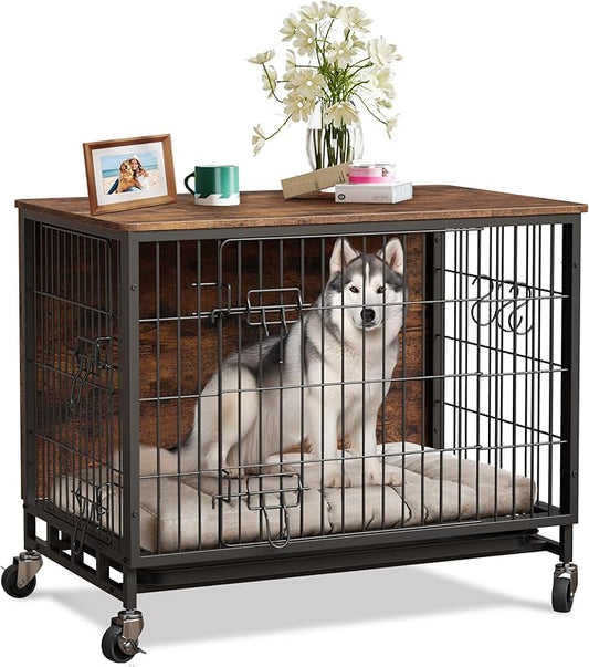 2024 Dog Crate Furniture, 38.6" Double-Doors Dogs Kennel Indoor with Removable Tray and Wheels, Wooden Dog Crates for Large Dogs, Large Dog Crate, Decorative Dog Cage End Table, Rustic Brown