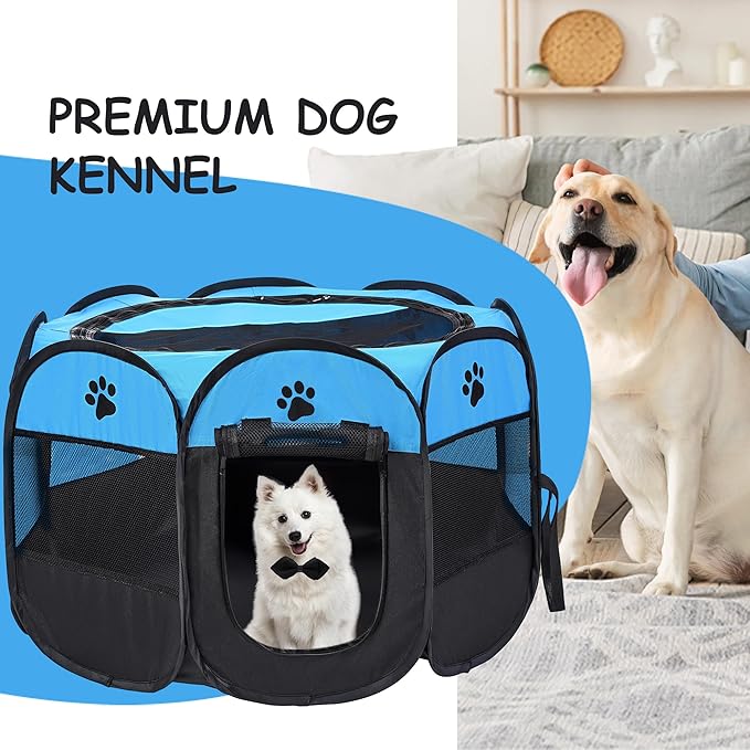 Mile High Life | Foldable Dog Playpen | Portable Dog Crate w Removable Shade Cover | Dog Kennel Indoor/Outdoor w Carry Case | Pen Tent for Dog/Cat/Rabbit(Blue+Black, Small (29"x29"x17"))