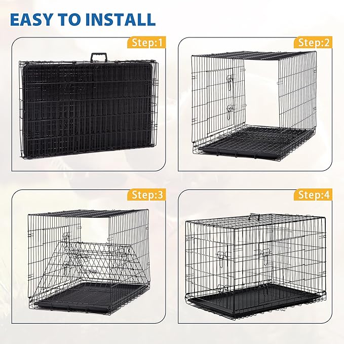 Furniture of America Yucca Metal Double Door Folding Wire Pet Crate with Divider, Removable Tray, and Handle for Outdoor and Indoor Medium Dog, 36-inch, Black