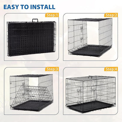 Furniture of America Yucca Metal Double Door Folding Wire Pet Crate with Divider, Removable Tray, and Handle for Outdoor and Indoor Medium Dog, 36-inch, Black