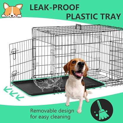 FDW 24 inch Dog Crate Dog Kennel Cage with Double Door Folding Metal Wire Dog Cage with Removable Tray&Divider Panel,Pet Crate for Small Dogs,Black