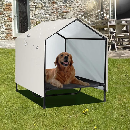 Indoor Outdoor Dog House Large Breed | Medium Large Dog House Outdoor Raised Elevated Dog Bed Cot with Canopy, Waterproof & Sunproof Outside Dog Shade Shelter Tent (39" x 30" x 34")