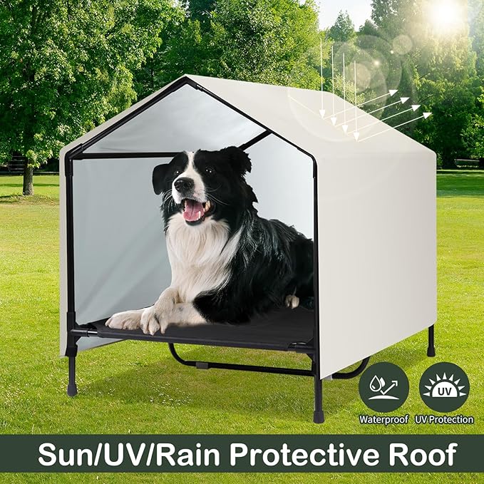 Indoor Outdoor Dog House Large Breed | Medium Large Dog House Outdoor Raised Elevated Dog Bed Cot with Canopy, Waterproof & Sunproof Outside Dog Shade Shelter Tent (39" x 30" x 34")