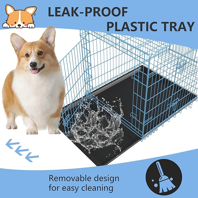 FDW 30 inch Dog Crate Dog Kennel Cage with Double Door Folding Metal Wire Dog Cage with Removable Tray&Divider Panel,Pet Crate for Medium Dogs,Blue