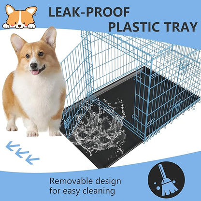 FDW 30 inch Dog Crate Dog Kennel Cage with Double Door Folding Metal Wire Dog Cage with Removable Tray&Divider Panel,Pet Crate for Medium Dogs,Blue
