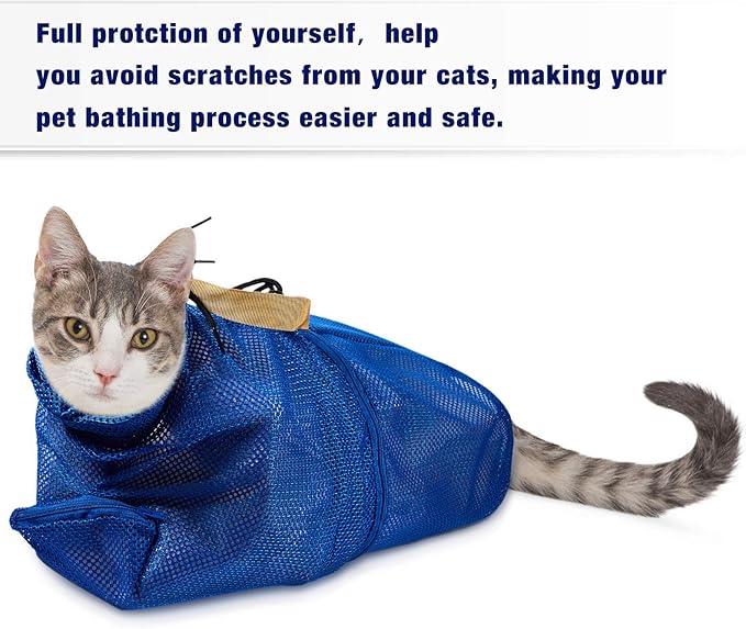 Weewooday 2 Pieces Cat Grooming Washer Mesh Bag Cat Muzzles Breathable Mesh Muzzles Adjustable Kitten Scratch Resistant Kitty Restraint Clothes Kitty Bath Bag for Bathing Nail Trimming Feeding(Blue)