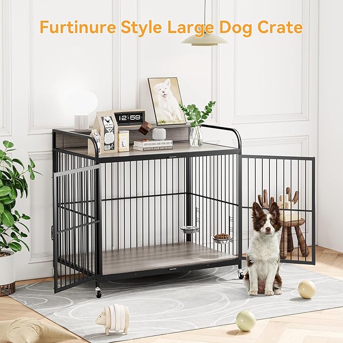 IDEALHOUSE Dog Crate Furniture, 39.8" L X 22.5" W X 38.6" H,Dog Crate Indoor with Adjustable Height Bowls, Wooden Heavy Duty, 39.8 Inch Dog Kennel Furniture for Medium Dogs,Grey