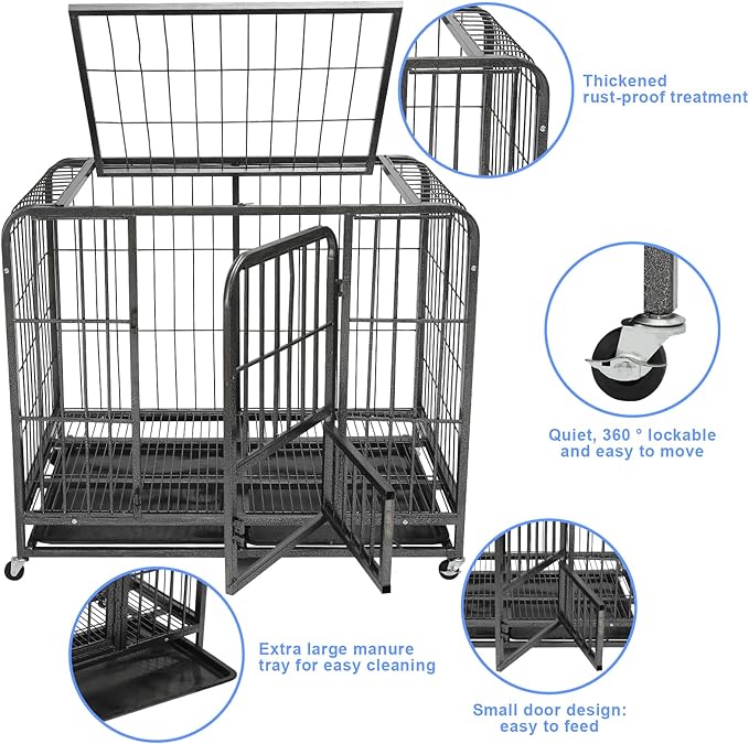 43/29/37 Inch Dog Crate, Heavy Duty Metal Dog Kennel, Indestructible Dog Crate, Escape Proof Dog Cage with Lockable Wheels,Indoor for Large Breed, Double Door Big Dog Cage with Removable Tray