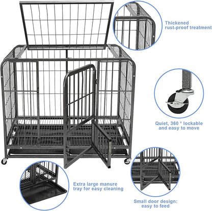 43/29/37 Inch Dog Crate, Heavy Duty Metal Dog Kennel, Indestructible Dog Crate, Escape Proof Dog Cage with Lockable Wheels,Indoor for Large Breed, Double Door Big Dog Cage with Removable Tray