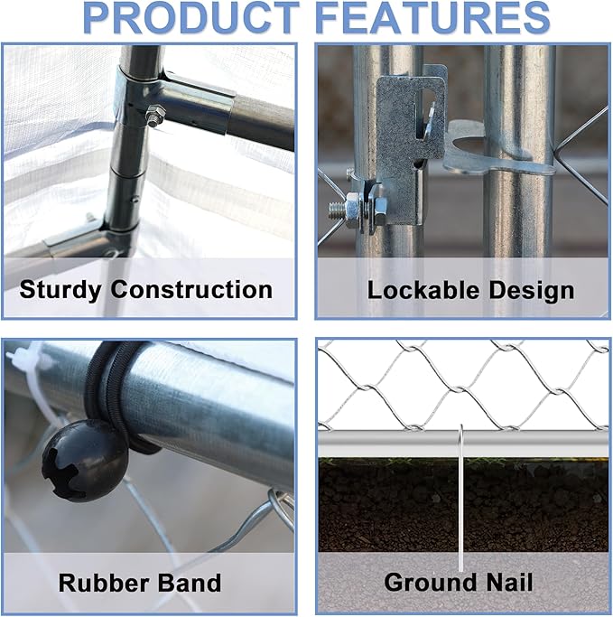 9.8' Outdoor Dog Cage with Waterproof UV-Resistant Cover,Large Metal Galvanized Rustproof Outdoor Puppy Fence W/Security Door,Heavy Duty Kennel for Farm & Garden,Silver