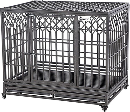 SMONTER 46" Heavy Duty Dog Crate Strong Metal Pet Kennel Playpen with Two Prevent Escape Lock, Large Dogs Cage with Wheels, Y Shape, Dark Silver …