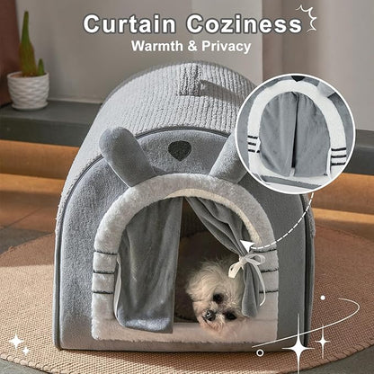 Jiupety Cute Small Dog Cave Bed with Door Curtain Design, Dog House with Reversible Washable Cushion, L Size Portable Puppy House, Cartoon Style Hut Up to 25lbs, Non-Slip Bottom, Grey