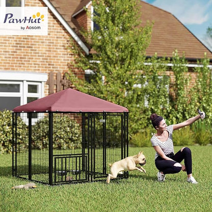 PawHut 4.6' x 4.6' x 5' Outdoor Dog Kennel, Welded Wire Heavy Duty Dog Run with 360° Rotating & 4 Level Adjustable Bowls, Dog Kennel Outside with Waterproof & UV Resistant Cover, for S&M Dogs
