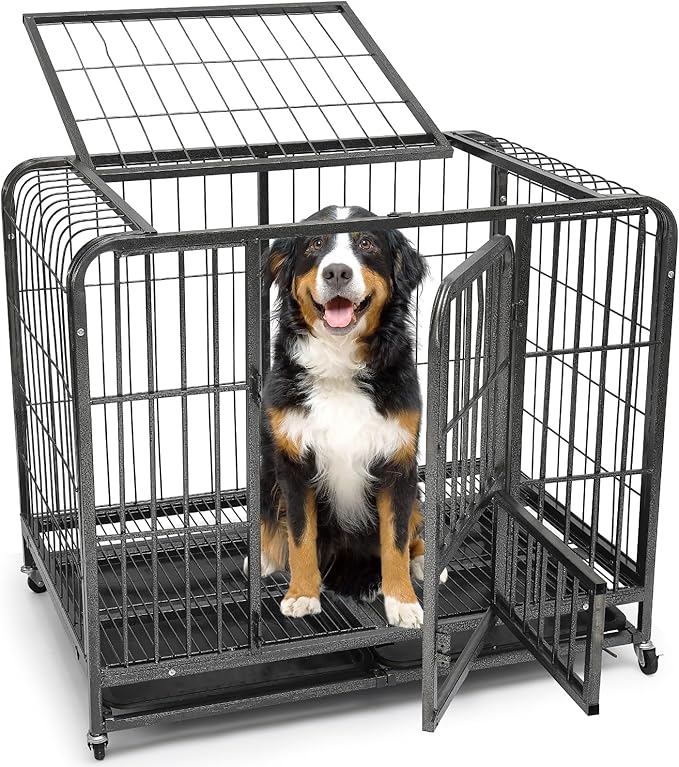 43/29/37 Inch Dog Crate, Heavy Duty Metal Dog Kennel, Indestructible Dog Crate, Escape Proof Dog Cage with Lockable Wheels,Indoor for Large Breed, Double Door Big Dog Cage with Removable Tray