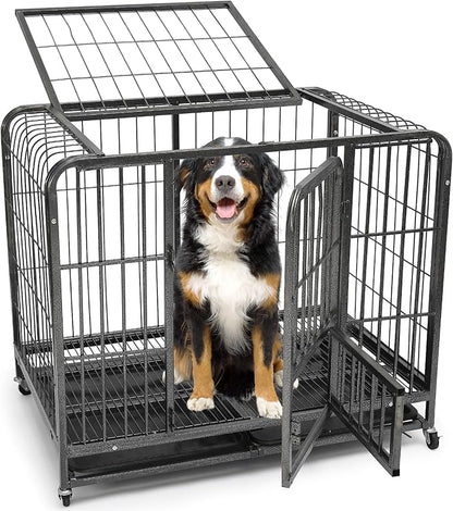 43/29/37 Inch Dog Crate, Heavy Duty Metal Dog Kennel, Indestructible Dog Crate, Escape Proof Dog Cage with Lockable Wheels,Indoor for Large Breed, Double Door Big Dog Cage with Removable Tray