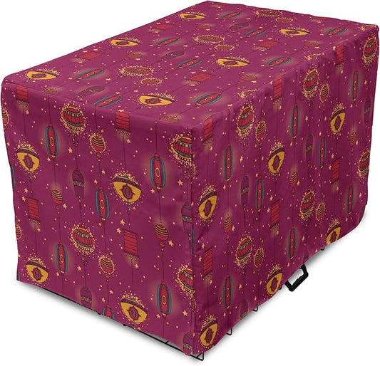 Lunarable Folkloric Dog Crate Cover, Cultural Inspirations Oriental Party Celebration Art Traditional Design, Easy to Use Pet Kennel Cover for Medium Large Dogs, 36 Inch, Magenta and Yellow