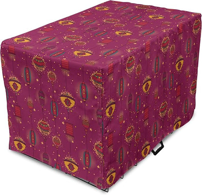 Lunarable Folkloric Dog Crate Cover, Cultural Inspirations Oriental Party Celebration Art Traditional Design, Easy to Use Pet Kennel Cover for Medium Large Dogs, 48 Inch, Magenta and Yellow