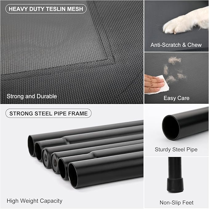 Cooling Elevated Dog Bed Cot for Large Dogs, Outdoor Raised Dog Bed with Washable Breathable Mesh, Durable Pet Hammock with Non Slip Feet, Grey, 49 inches