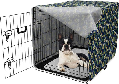Lunarable Jacobean Dog Crate Cover, Triangles with Floral Pattern Stalks Leaves Flowers Whimsical Nature, Easy to Use Pet Kennel Cover for Small Dogs Puppies Kittens, 22 Inch, Dark Blue Green Mustard