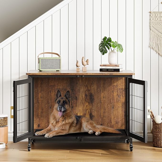37.4 Inch Large Dog Crate Furniture, Heavy Duty Dog Kennel Furniture with Wheels, Grid Base, Removable Base, Decorative Dog Cage Crate Table, Indoor Dog House for Entryway, Living Room