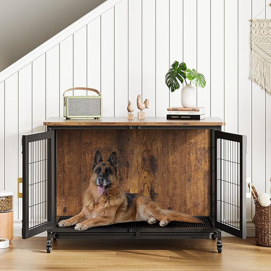 37.4 Inch Large Dog Crate Furniture, Heavy Duty Dog Kennel Furniture with Wheels, Grid Base, Removable Base, Decorative Dog Cage Crate Table, Indoor Dog House for Entryway, Living Room