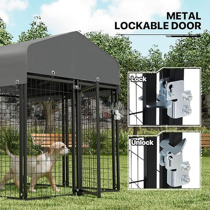 MoNiBloom Outdoor Dog Kennels for Small/Medium Dogs, Weatherproof Dog Pen Run with Cover and Rotating Feeding Door, 4.6ft High Expandable Dog Playpen for Outside Yard, 8 Panels with Powder Coating