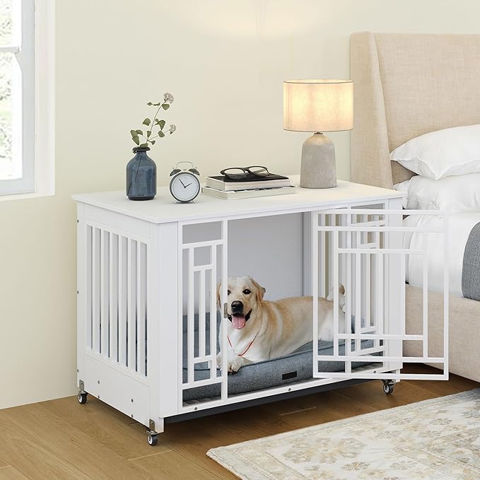 YITAHOME Dog Crate Furniture, 38.2" Heavy Duty Dog Cage, Wooden Side End Table with Wheels, Chew-Resistant Metal Dog Kennel with Removable Tray, Dog House Indoor for Small Medium Dogs, White